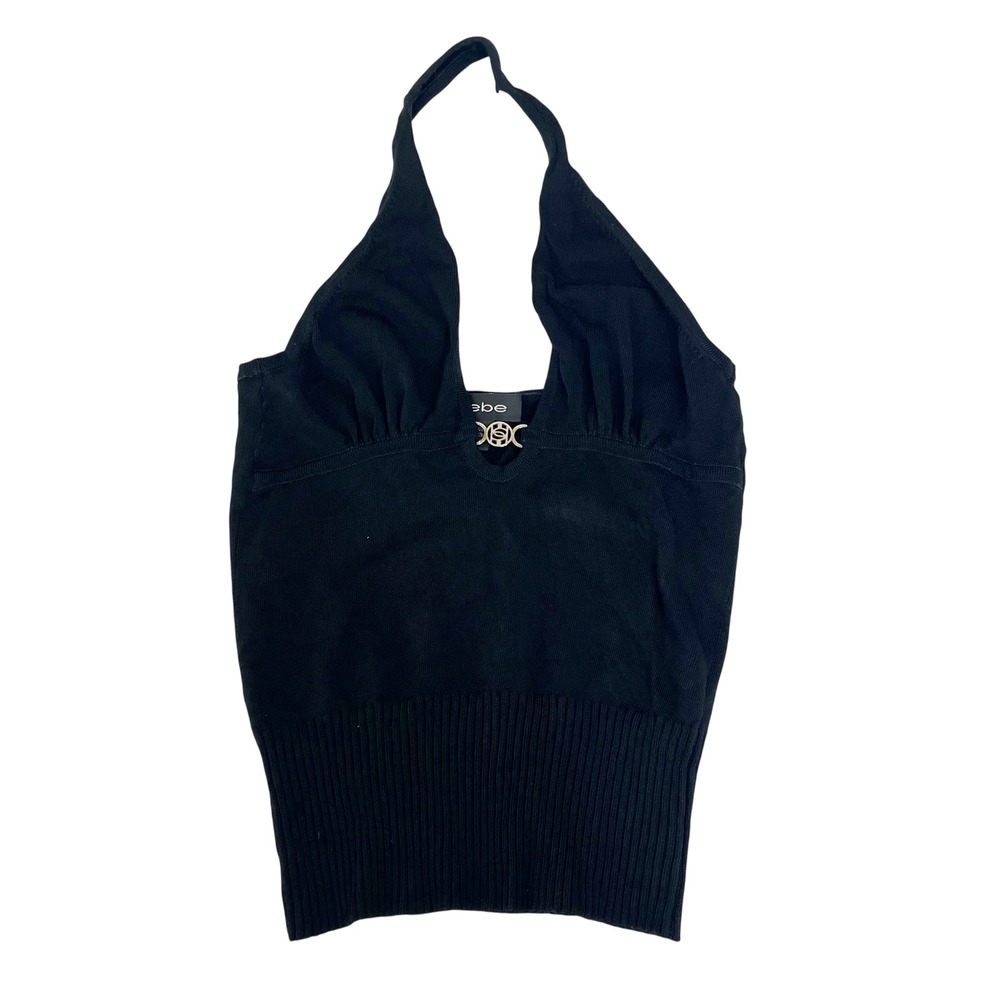Vintage Bebe Y2K Black Knit Halter Top Silver Logo Hardware Minimalist - Size XS